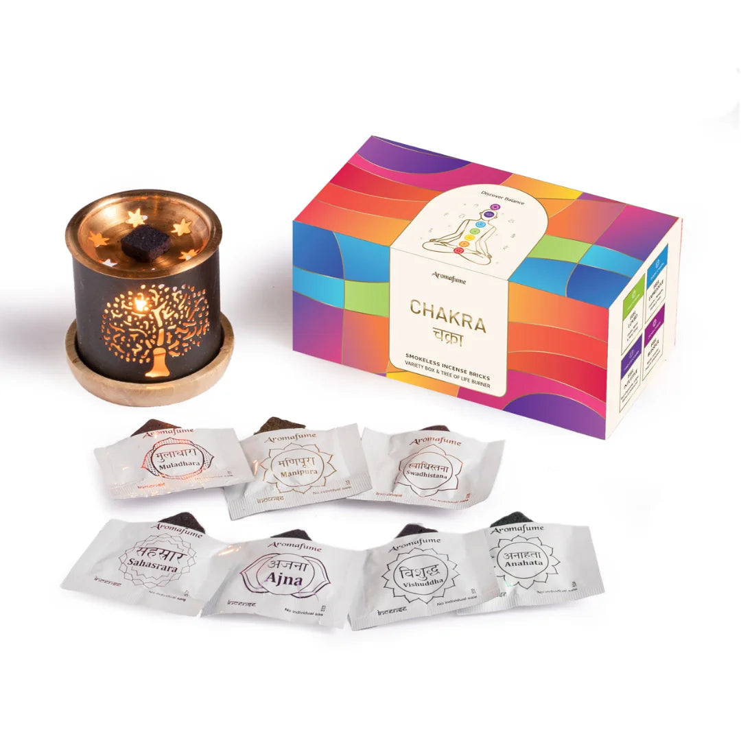 Aromafume 7 Chakra Incense Brick Gift Set with natural fragrance bricks for meditation and energy healing – includes sandalwood, jasmine, rose, and patchouli – Aromafume 7 Chakra Gift Set with essential oils and incense for chakra balancing – Root (Muladhara), Sacral (Svadhisthana), Solar Plexus (Manipura), Heart (Anahata), Throat (Vishuddha), Third Eye (Ajna), and Crown (Sahasrara) chakras