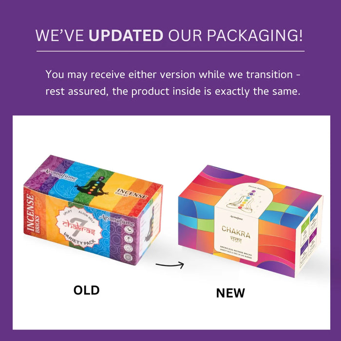 Root (Muladhara), Sacral (Svadhisthana), Solar Plexus (Manipura), Heart (Anahata), Throat (Vishuddha), Third Eye (Ajna), and Crown (Sahasrara) chakras – updated packaging design