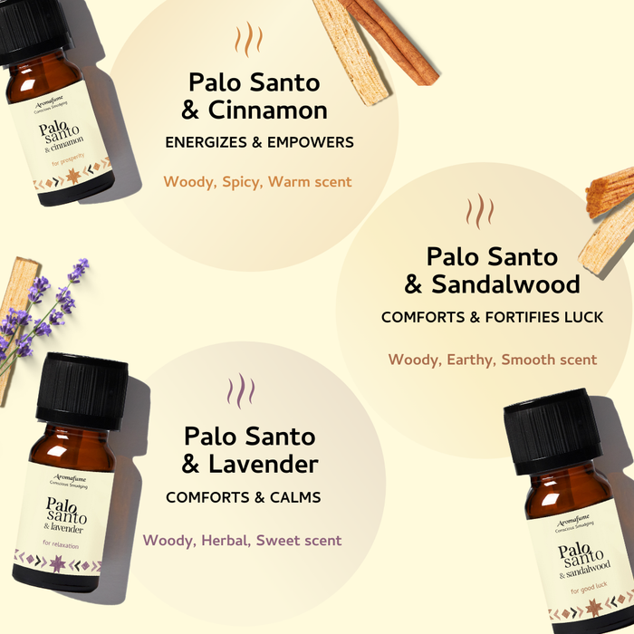 Palo Santo & Cinnamon, Palo Santo & Sandalwood, Palo Santo & Lavender Essential Oil