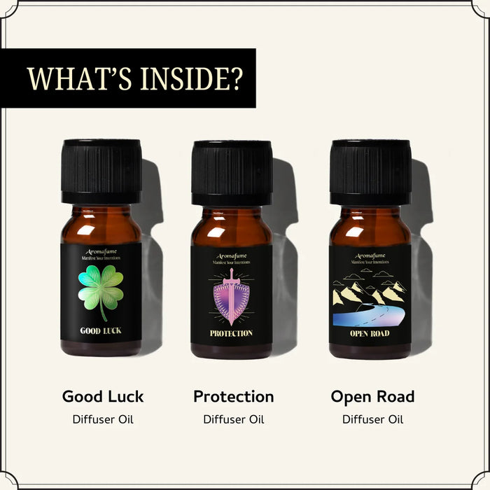 Set of 3 Guardian’s Path Oils – Good Luck, Protection & Open Road. Infused with powerful botanicals for safety.