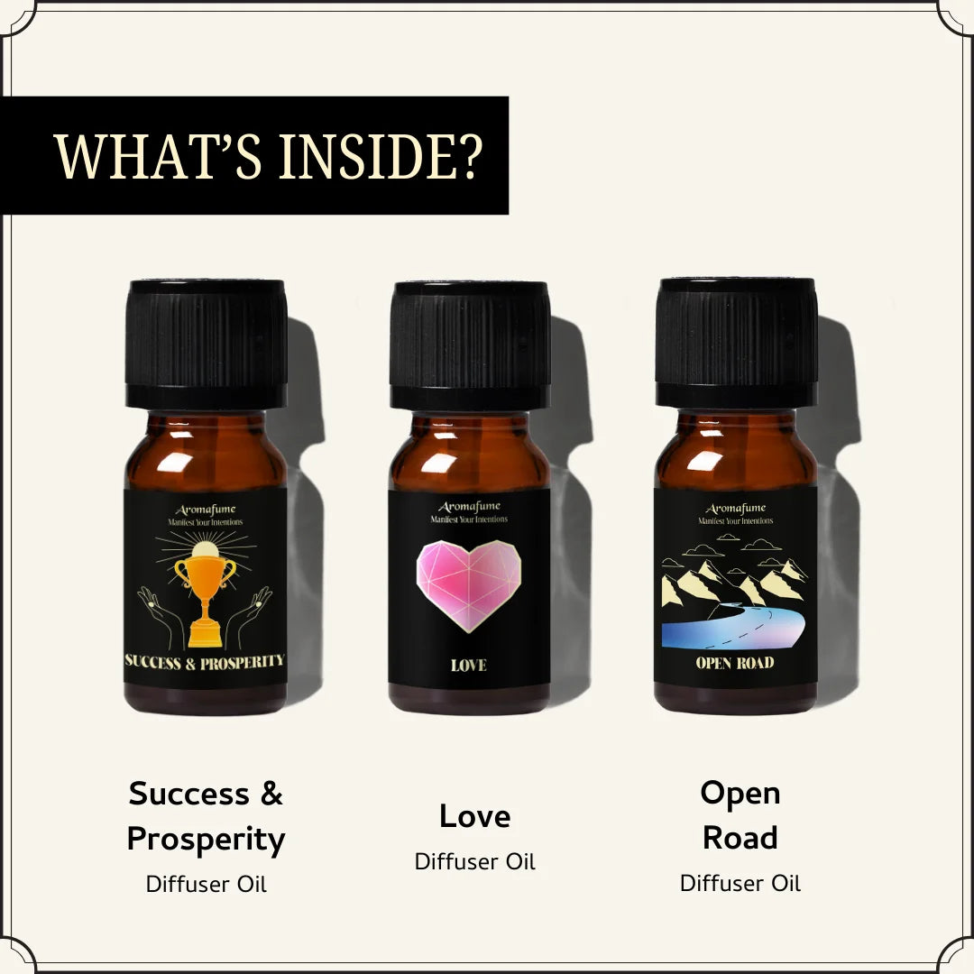 Set of 3 Love & Prosperity Oils – Success, Love & Open Road. Crafted for financial abundance, relationships & new paths.