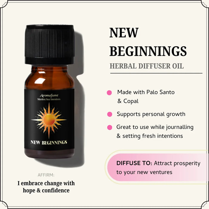 Manifest fresh starts & new ventures with New Beginnings Oil, infused with palo santo & copal for renewal & motivation.