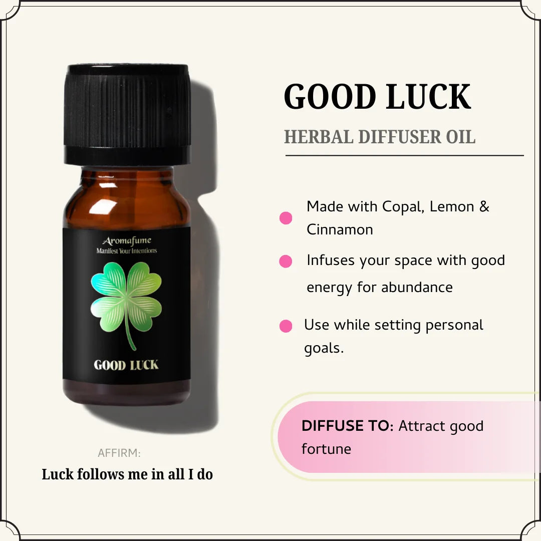 Good Luck Oil attracts fortune & positivity with a warm blend of cinnamon, copal & lemon for prosperity & success.