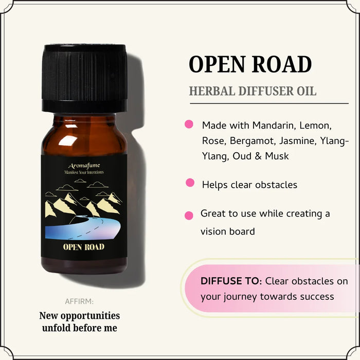 Open Road Oil clears obstacles & invites new opportunities with mandarin, rose, jasmine & oud for fresh energy.