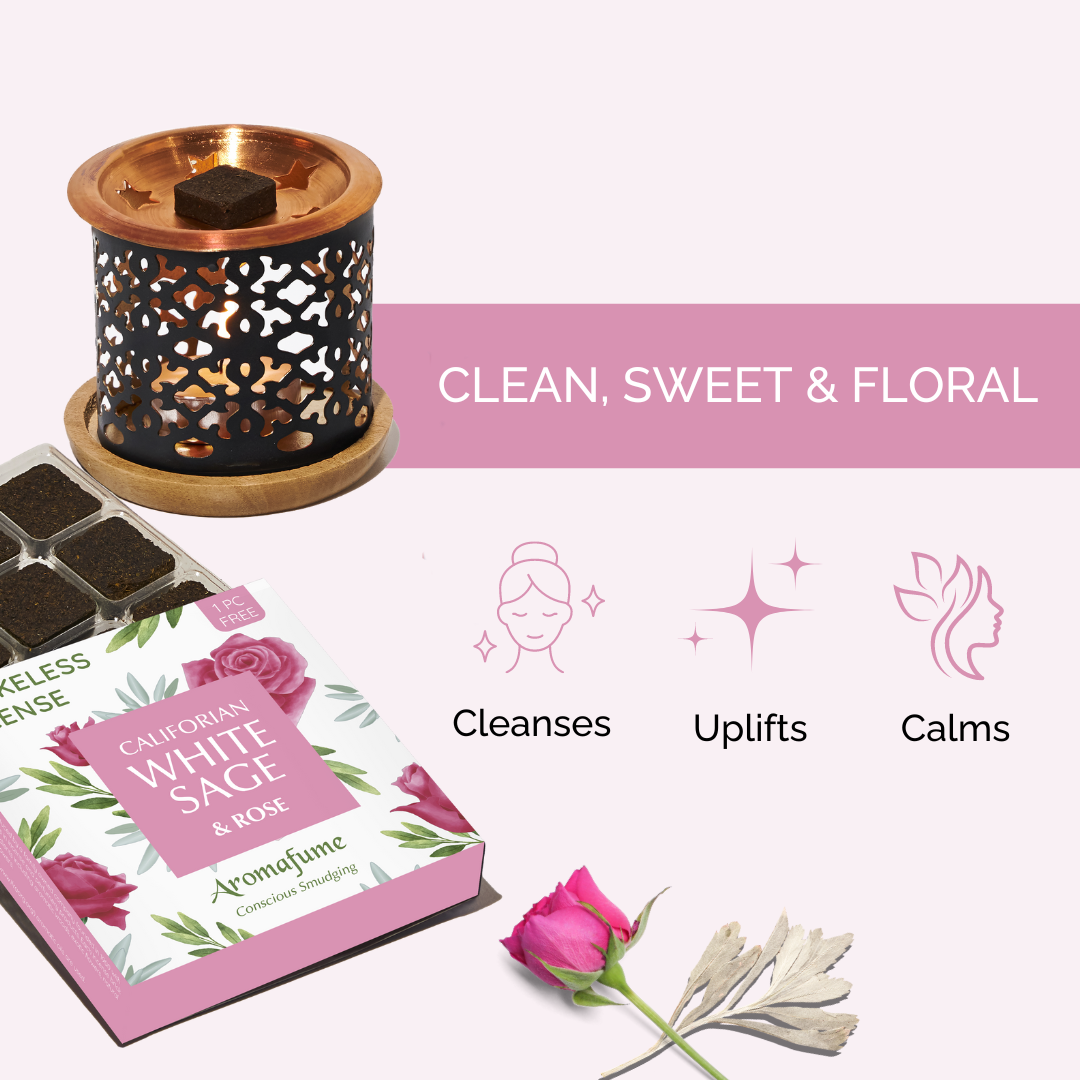 White Sage & Rose Incense Bricks & Burner Set
